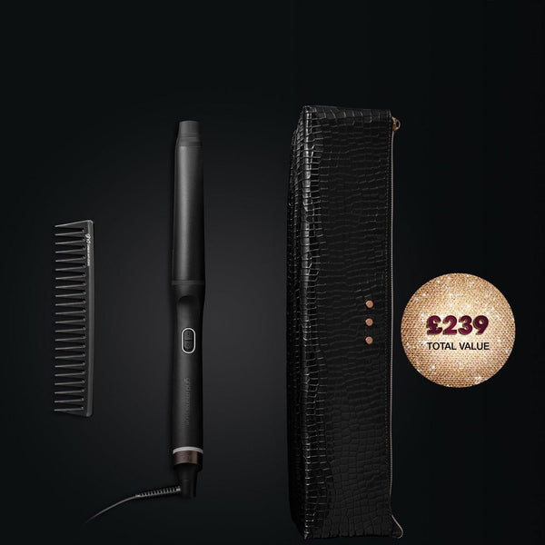 Set of hair styling tools including a comb, hair straightener, and hair dryer on a black background with a price tag.