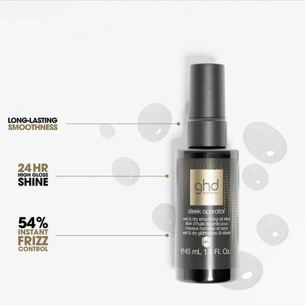 A bottle of ghd hair smoothener on a white background with text callouts describing its long-lasting smoothness, 24-hour shine, and 54% instant frizz control.