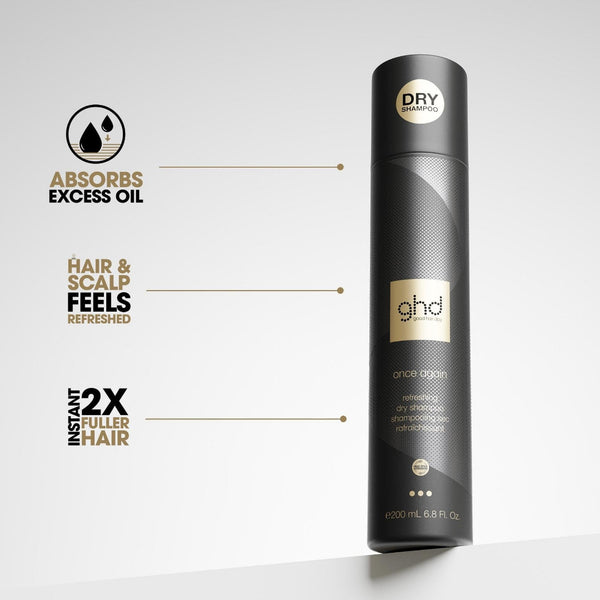 A single cylindrical bottle of ghd Dry Textured Hair Oil stands upright on a clean light gray studio background. To the left are three callout graphics with icons and text reading 'Absorbs excess oil,' 'Hair and scalp feels refreshed,' and 'Up to 2X fuller hair.