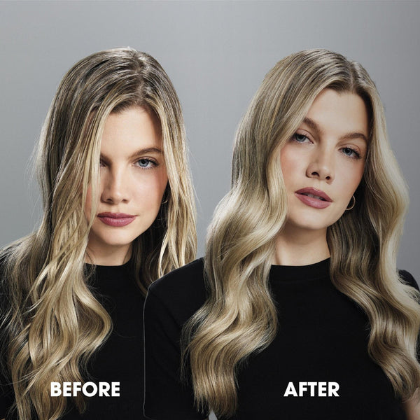 Before and after comparison of a woman's hair, showing a blonde wig or hair extension application. The left side is labeled 'BEFORE' with natural brown/blonde hair, and the right side is labeled 'AFTER' with longer, fuller, wavy blonde hair.