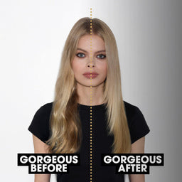 A woman with long blonde hair is shown from the shoulders up against a dark-to-light gradient background, with a vertical dotted line running down the center and text reading 'GORGEOUS BEFORE' on the left and 'GORGEOUS AFTER' on the right.