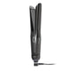 A black flat iron hair straightener with a power button and a small white logo on the handle, shown on a plain white background with its cord visible.