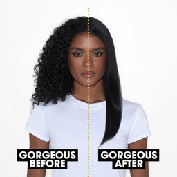 A woman shown from the chest up against a plain white background, with a vertical dotted line splitting her hair into curly 'before' and straight 'after' views. Text labels at the bottom read 'GORGEOUS BEFORE' and 'GORGEOUS AFTER'.