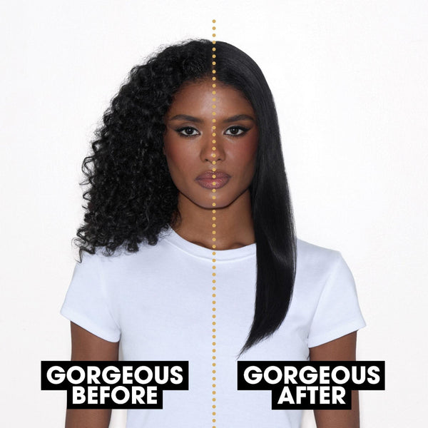 A woman shown from the chest up against a plain white background, with a vertical dotted line splitting her hair into curly 'before' and straight 'after' views. Text labels at the bottom read 'GORGEOUS BEFORE' and 'GORGEOUS AFTER'.