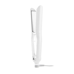 A white hair straightener with a cord, shown from a side profile view against a solid white background.