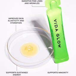Vida Glow skincare product with benefits listed on a white background