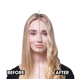 A woman shown from the shoulders up on a white background with a dotted vertical line splitting her face into before and after comparison. Text labels 'BEFORE' on the left and 'AFTER' on the right appear below the line.
