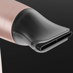 A close-up of a hair styling tool, likely a hair dryer, in a pale blush pink and white colorway, featuring a black diffuser attachment. The brand name 'ight speed' is partially visible on the side.
