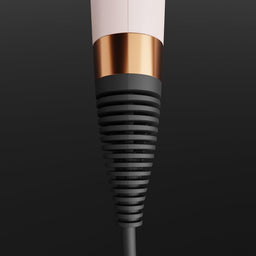 A close-up of a hair dryer nozzle attachment with a matte black ribbed cone, a metallic rose gold collar, and a white barrel, set against a dark gray gradient background.