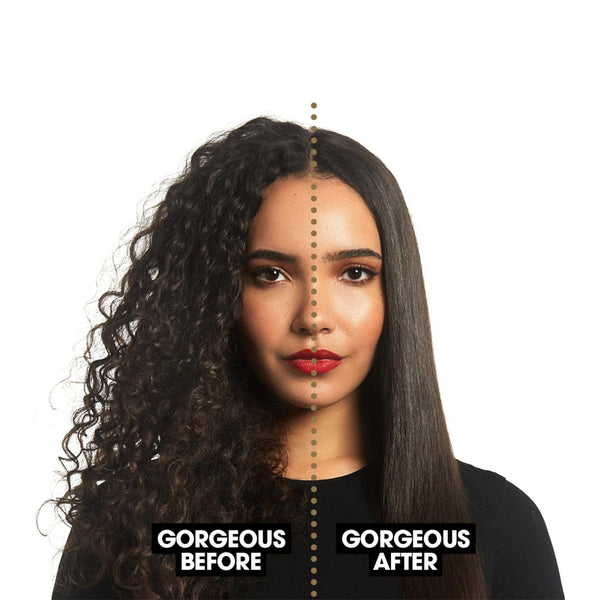 A split-screen before/after comparison of a woman's hair, with curly dark hair labeled 'GORGEOUS BEFORE' on the left and straight dark hair labeled 'GORGEOUS AFTER' on the right, against a plain white background.