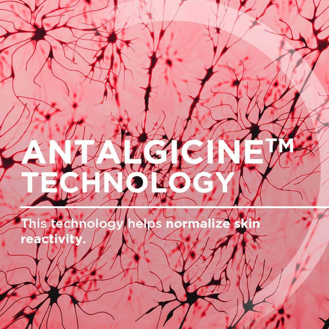 Advertisement for Antalgicine Technology with neural network illustration on pink background