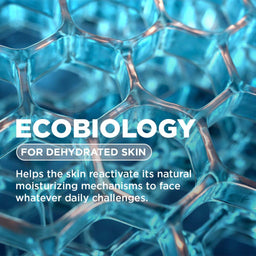 Close-up of blue hexagonal molecular structure with 'ECOBIOLOGY' text on dehydrated skin.