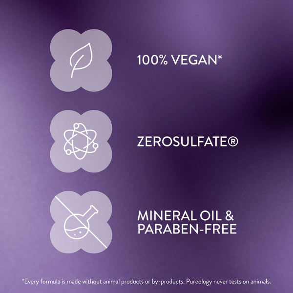 A purple promotional graphic with three white icons and text reading '100% VEGAN*', 'ZEROSULFATE™', and 'MINERAL OIL & PARABEN-FREE' on a dark purple background.