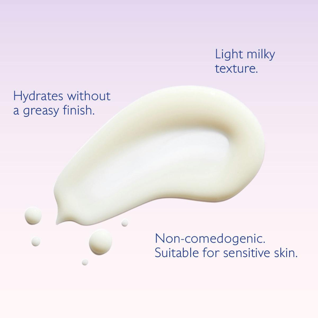 A cream-colored cosmetic smear on a pale pink background with text describing its light Milky texture, hydrating properties, and non-comedogenic quality.