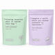 Two stand-up pouches of Frank Body exfoliating scrubs side by side on a white background. The left pouch is a light mint green for Coconut Coffee Scrub, and the right pouch is a light lavender purple for Cacao Coffee Rinds.
