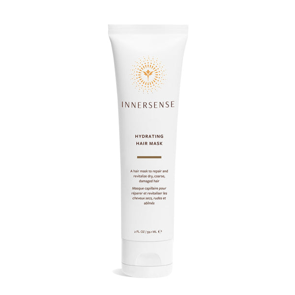 A white tube of Innersense Hydrating Hair Mask with gold and brown text and logo, set against a plain white background.
