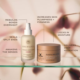 Two skincare products from InnerSense displayed on a glass shelf with soft-focus floral background and callout text describing product benefits. The left product is a frosted cream bottle labeled Overnight Repair Serum, and the right product is a metallic rose-gold jar labeled Blissful Body Butter.