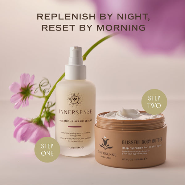InnerSense skincare set featuring Overnight Repair Serum in a frosted bottle and Blissful Body Butter in a brown jar, styled with pink flowers and green stems on a soft beige background with text reading 'Replenish by Night, Reset by Morning'.
