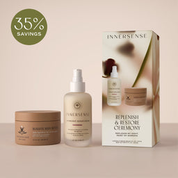 An InnerSense replenish and restore ceremony set featuring a body butter jar, a serum bottle, and its retail box, displayed on a warm beige background with a green '35% SAVINGS' badge.