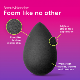 Black beauty blender with features highlighted on a pink and purple gradient background