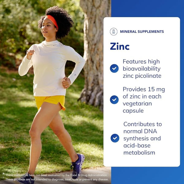 Woman exercising outdoors with a supplement information overlay about zinc.