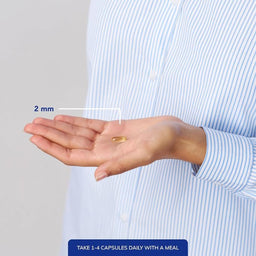 Hand holding a capsule with measurement text and daily dosage information.