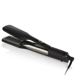 Black hair straightener with silver accents on a white background