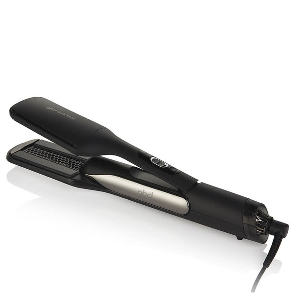 Black hair straightener with silver accents on a white background