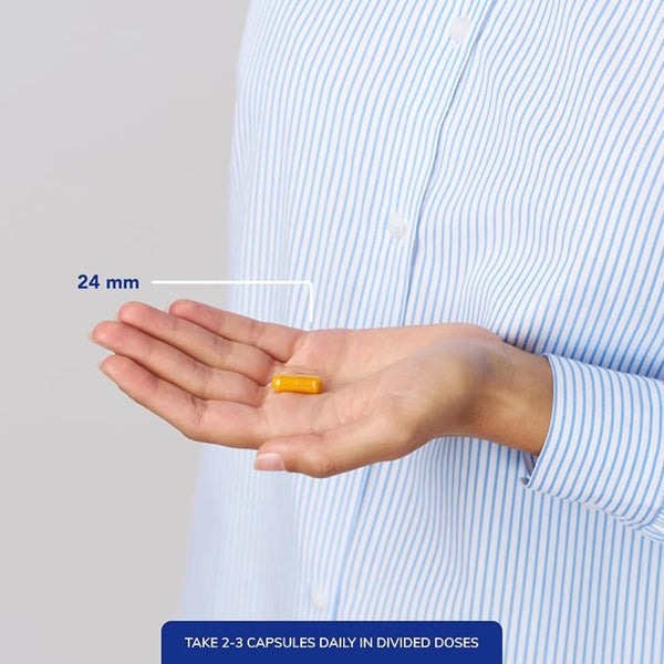 Hand holding a capsule with measurement label and text about daily dosages.