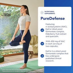 Woman practicing yoga in a home setting with PureDefense supplement information overlay.