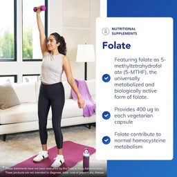 Woman exercising with dumbbells in a living room, with a supplement information overlay on the right.