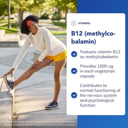 Woman stretching outdoors with vitamin B12 supplement information overlay