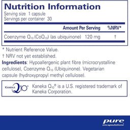 A Nutrition Information label panel for Kaneka Q10, showing serving size, servings per container, amount per serving, and ingredients. The label includes the Kaneka Q10 logo and a Pure Encapsulations mark at the bottom.