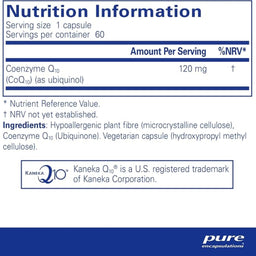 Nutrition information label for Kaneka Q10 dietary supplement capsules, showing serving size, amount per serving (120 mg), %NRV, ingredients, and a Kaneka Corporation trademark note on a white background with blue text and footer.