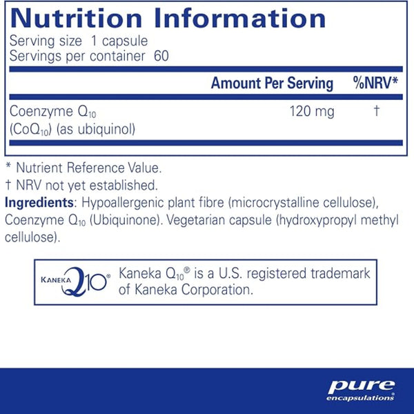 Nutrition information label for Kaneka Q10 dietary supplement capsules, showing serving size, amount per serving (120 mg), %NRV, ingredients, and a Kaneka Corporation trademark note on a white background with blue text and footer.