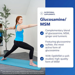 Woman practicing yoga with a supplement information overlay on glucosamine/MSM.