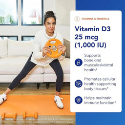 Woman exercising with a weight plate in a living room, vitamin D3 supplement information overlayed on the right.