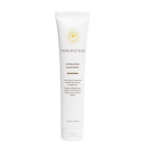 A white tube of Innersense Hydrating Hair Mask with gold and black text, centered on a plain white background.