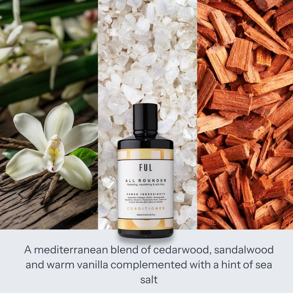 Bottle of FUL All Rounder conditioner with natural elements like flowers, wood, and stones.