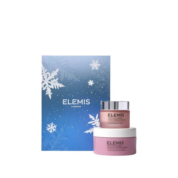 Two Elemis skincare products with a blue snowflake-themed box on a white background
