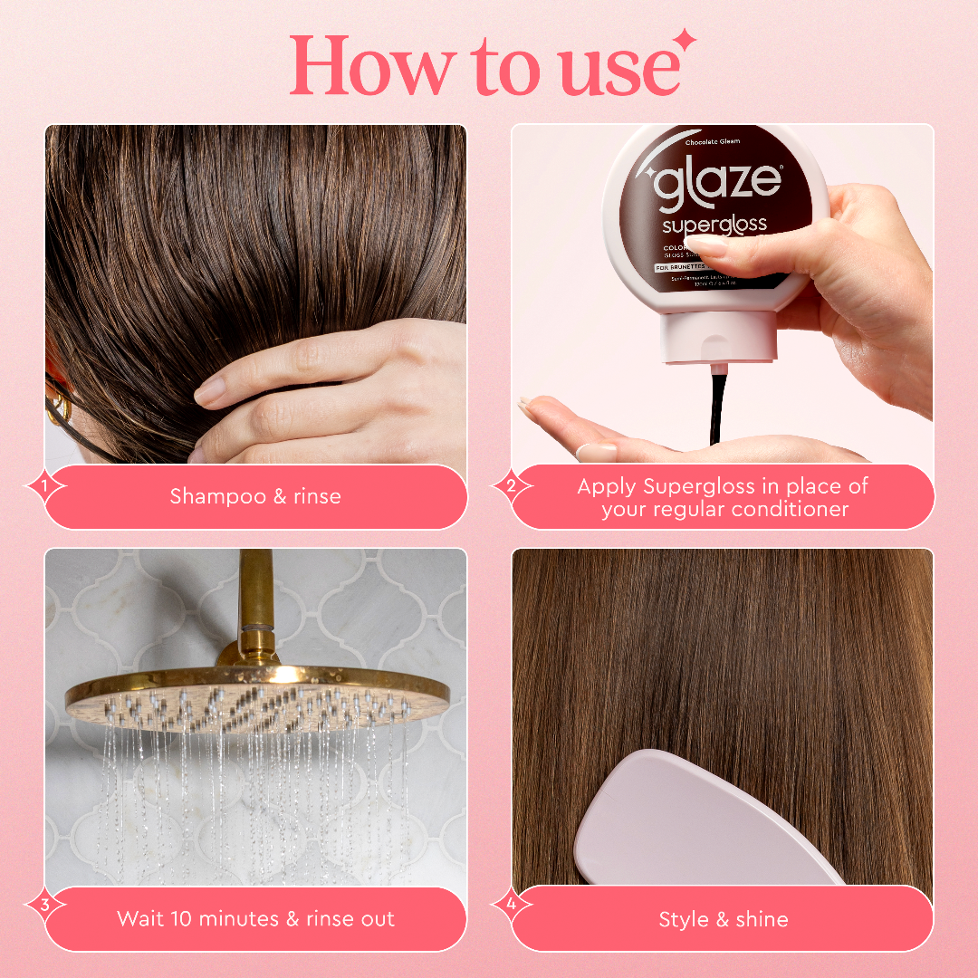 Instructions on how to use a hair care product with text and images.