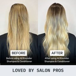 Before and after comparison of hair using All Rounder Shampoo & Conditioner.