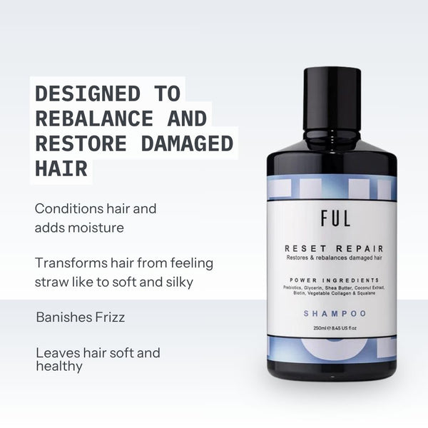 FUL Reset Repair shampoo bottle with text on a light gray background