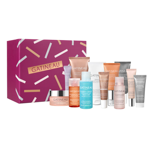 Gatineau skincare product set with a pink box on a white background
