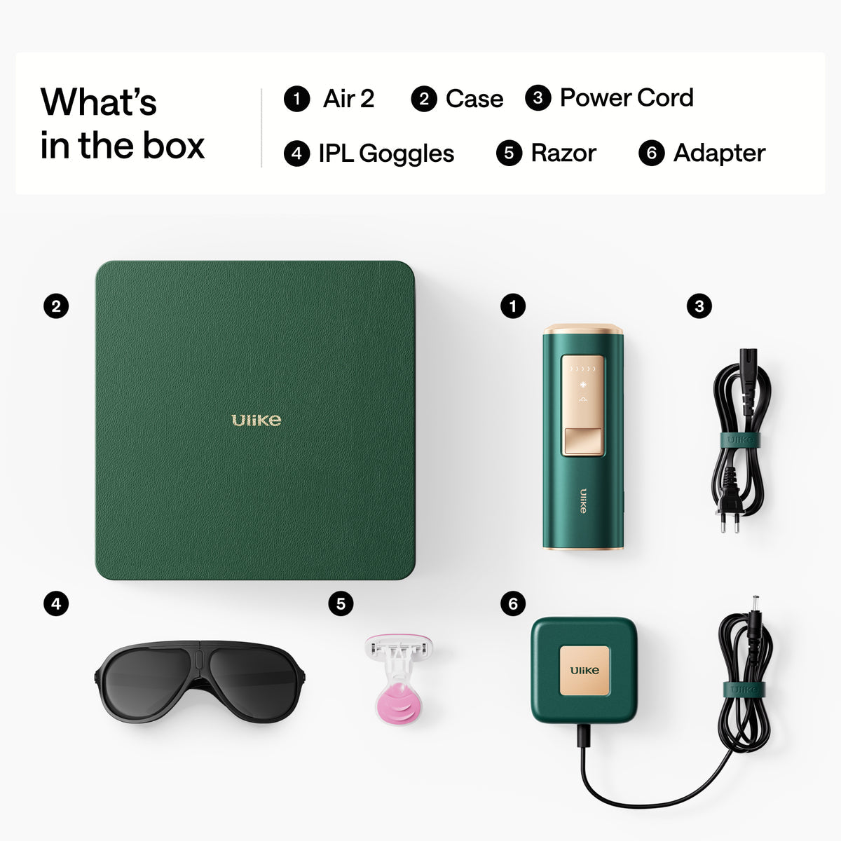 A product box set layout on a white background showing included items: a dark green rectangular case with the Uliike logo, a matching green and gold IPL device, black power cord, black sunglasses, a small pink accessory, and a green adapter with a black cable. Text at the top lists the included items.