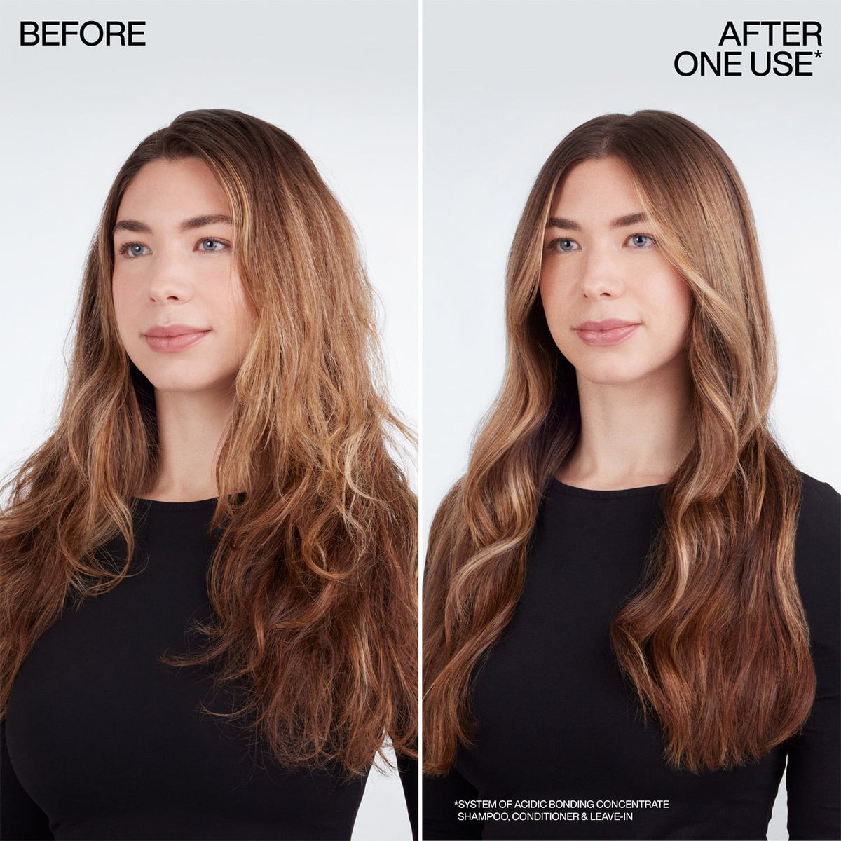 Before-and-after comparison of a woman with long, wavy light brown hair, showing the results of using an acidic bonding shampoo, conditioner, and leave-in product. The left side is labeled 'BEFORE' and shows the hair in its natural state.