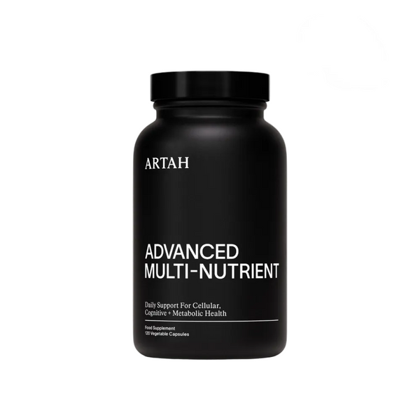 Black supplement bottle labeled 'ARTAH Advanced Multi-Nutrient' on a light gray background with two circular logos.