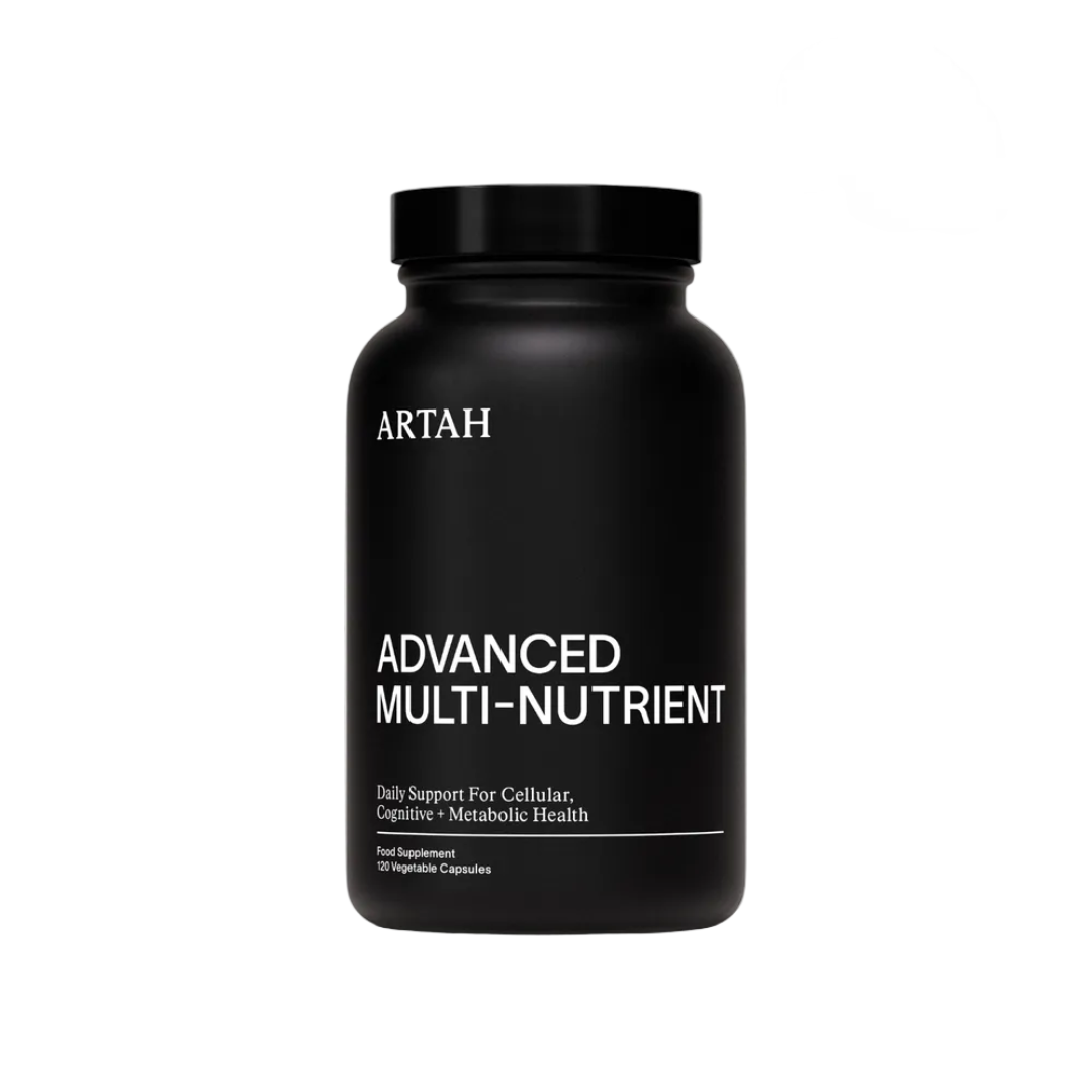 Black supplement bottle labeled 'ARTAH Advanced Multi-Nutrient' on a light gray background with two circular logos.