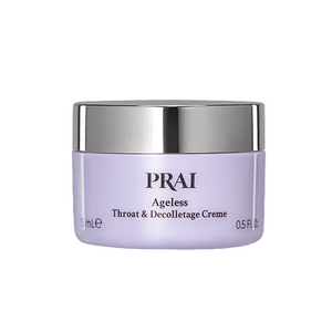 Purple jar of PRAI Ageless Throat & Decolletage Crème with silver lid on a white background
