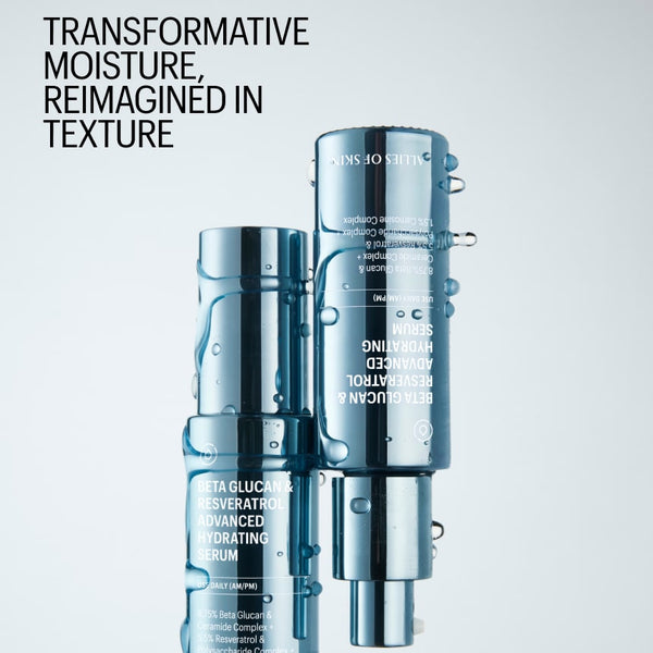 Cosmetic bottles with text 'Transformative moisture, reimagined in texture' on a light gray background
